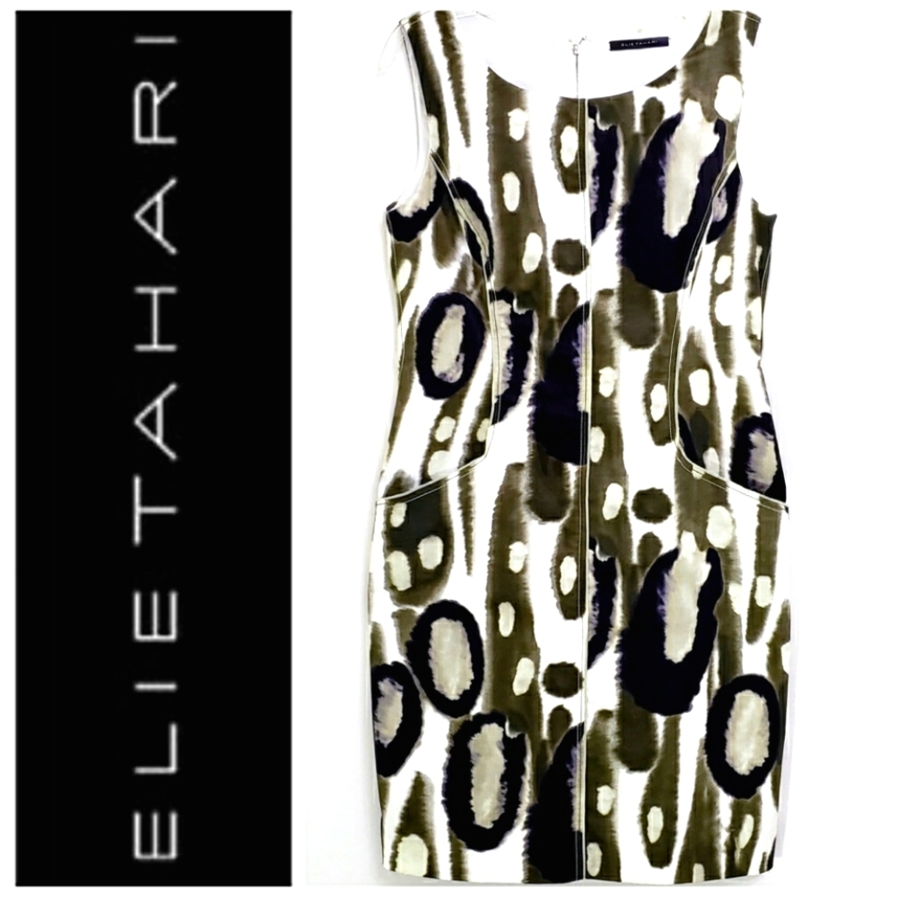 Elie Tahari Abstract Print Sleeveless Sheath Dress w Pockets